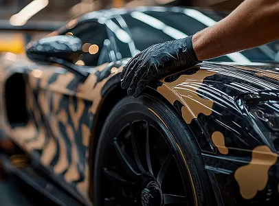 Main gantée noire touchant une voiture de sport camouflage noir et or à Maisons-Laffitte dans les Yvelines 78