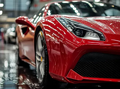 Ferrari rouge brillante avec des reflets de lumière, vue de face latérale à Maisons-Laffitte dans les Yvelines 78