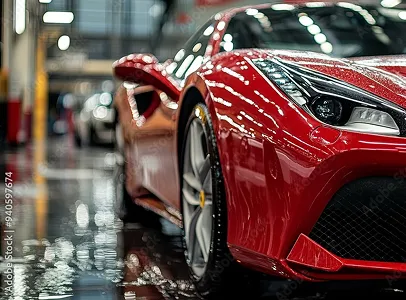 Ferrari rouge brillante garée dans un garage, sol mouillé reflétant la lumière à Maisons-Laffite dans les Yvelines 78