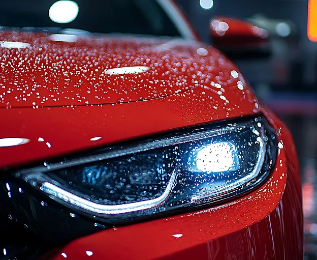 Gros plan sur l'avant d'une voiture rouge mouillée avec des phares allumés à Maisons-Laffitte dans les Yvelines 78