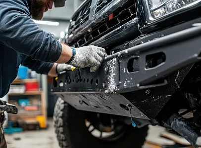 Mécanicien installant un pare-chocs avant en métal sur un camion à Maisons-Laffitte dans les Yvelines 78